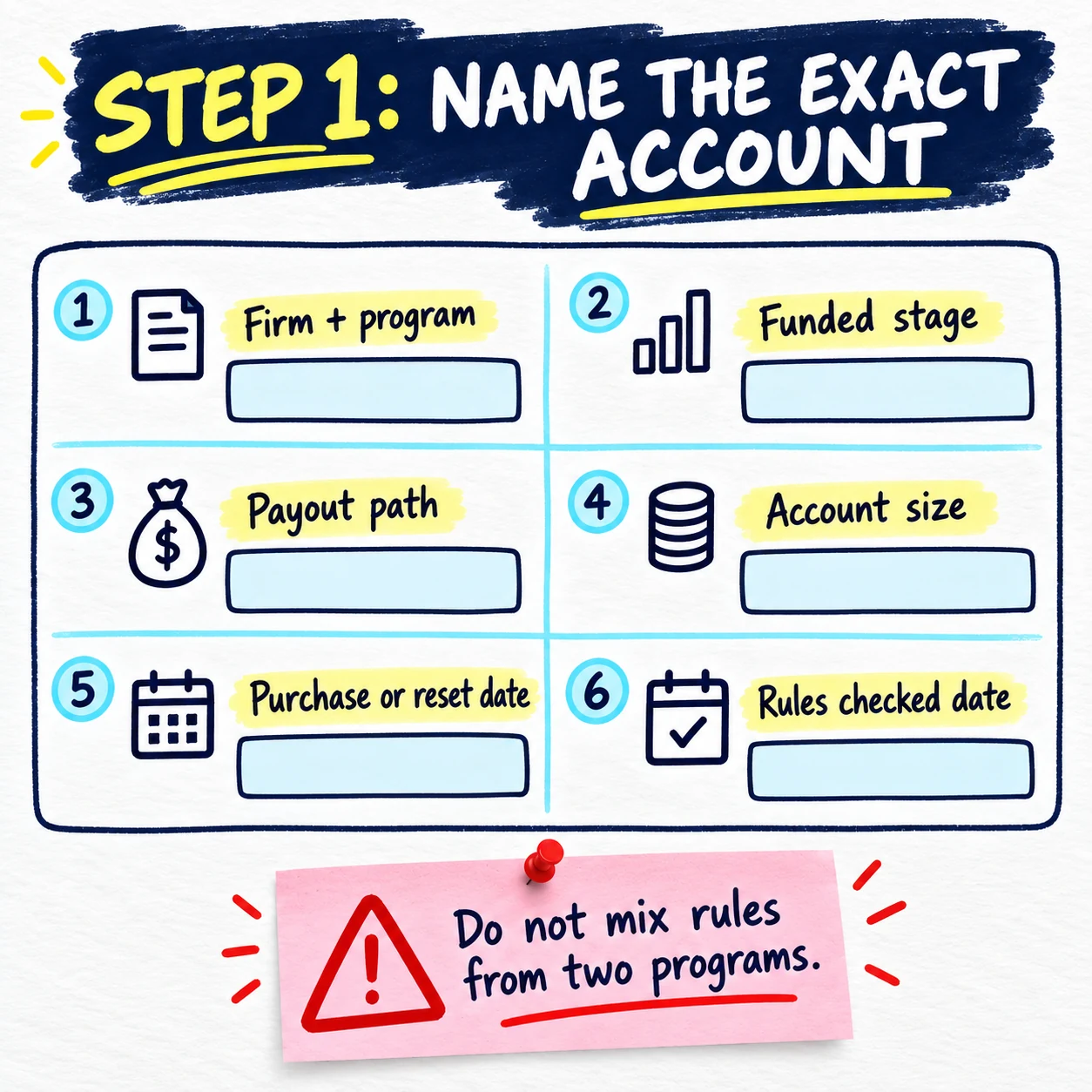 Handwritten payout check showing firm and program, funded stage, payout path, account size, purchase or reset date, and rules checked date