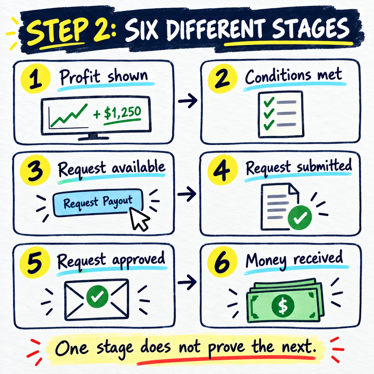 Handwritten six-stage payout path from profit shown to conditions met, request available, request submitted, request approved, and money received