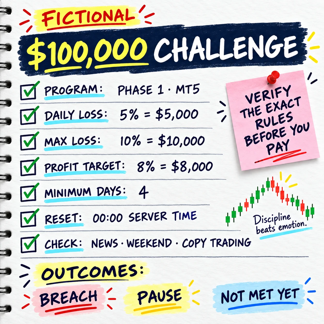 Complete handwritten fictional 100,000 dollar prop firm challenge rule sheet with loss limits, target, minimum days, reset time, restrictions, and outcomes