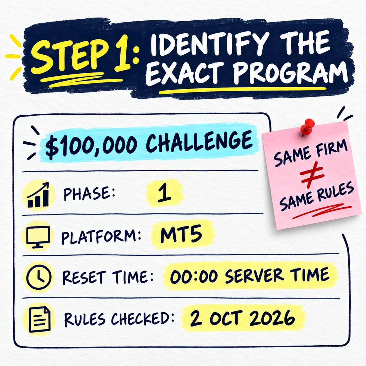 Step 1 handwritten fictional 100,000 dollar challenge identity sheet with phase, MT5 platform, server reset time, and rules checked date