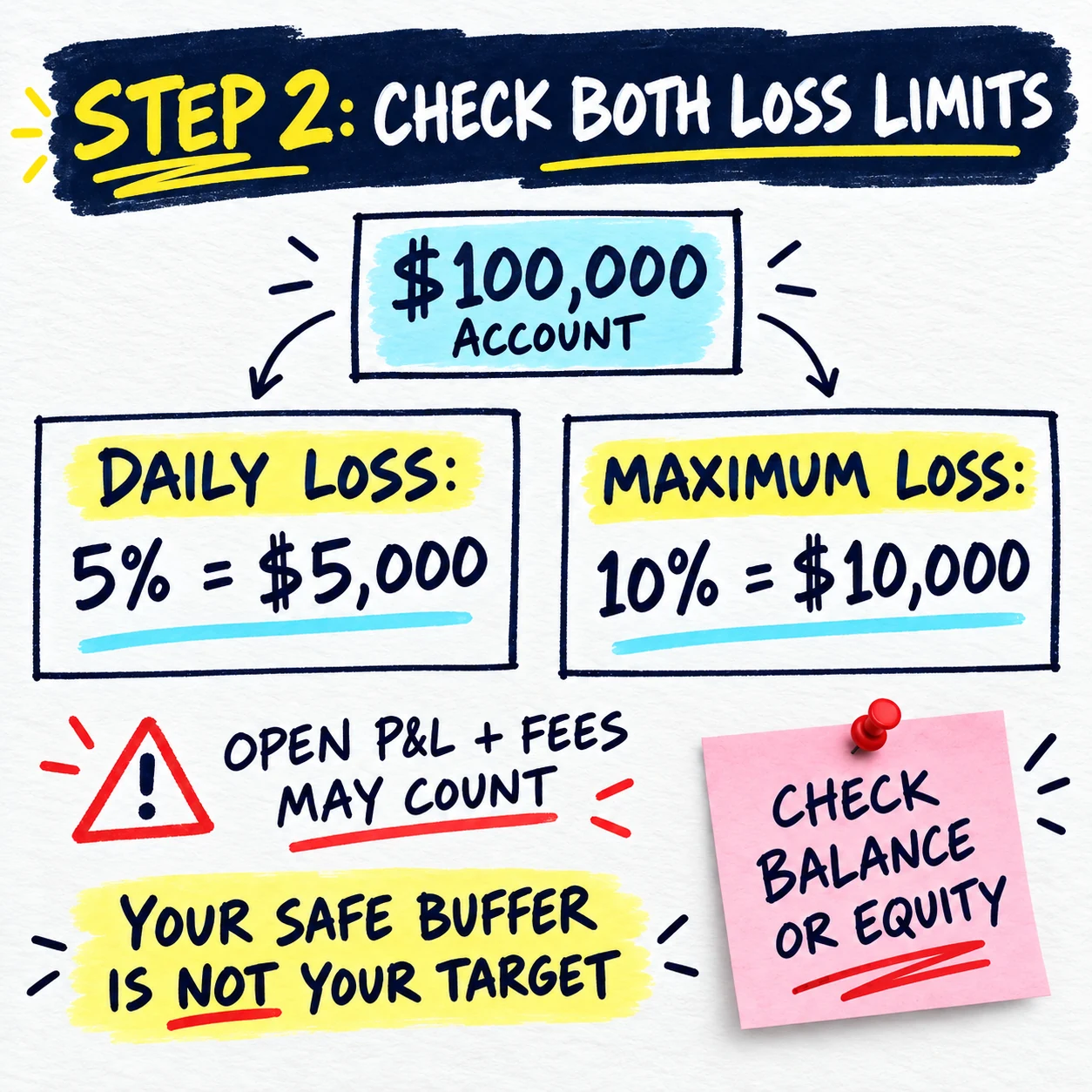 Step 2 handwritten fictional 100,000 dollar account comparing a 5 percent daily loss with a 10 percent maximum loss