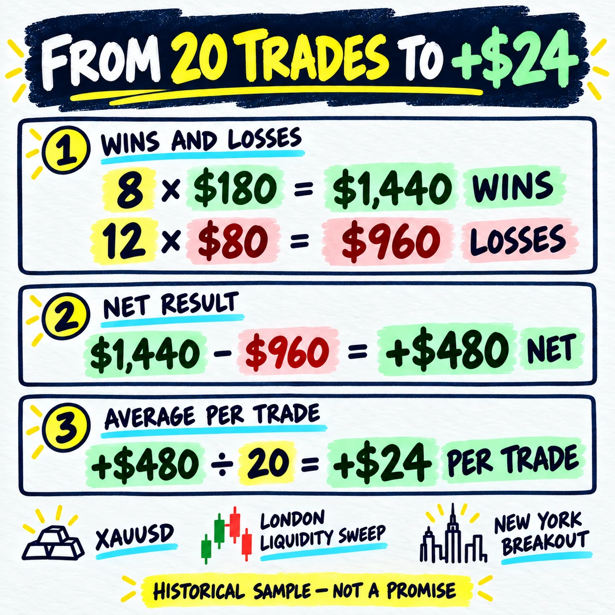 Handwritten three-step trading expectancy example showing 8 wins at 180 dollars, 12 losses at 80 dollars, a positive 480 dollar net result, and positive 24 dollars per trade