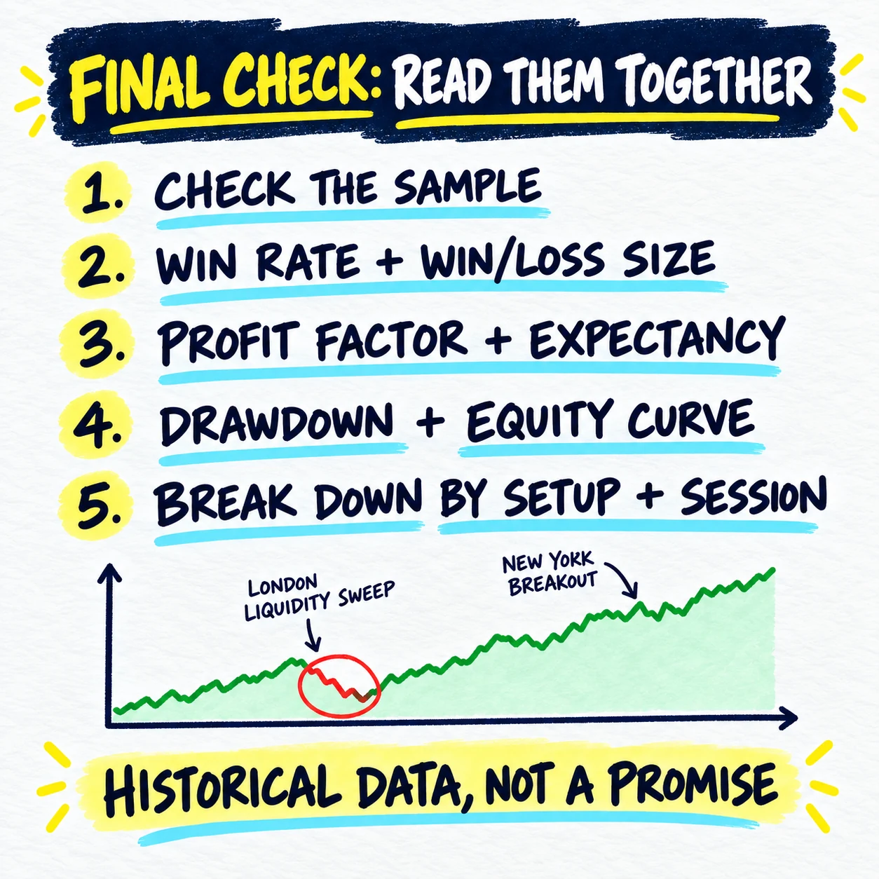 Complete handwritten trading performance review order covering the sample, win rate and win-loss size, profit factor and expectancy, drawdown and equity curve, and setup-session breakdown
