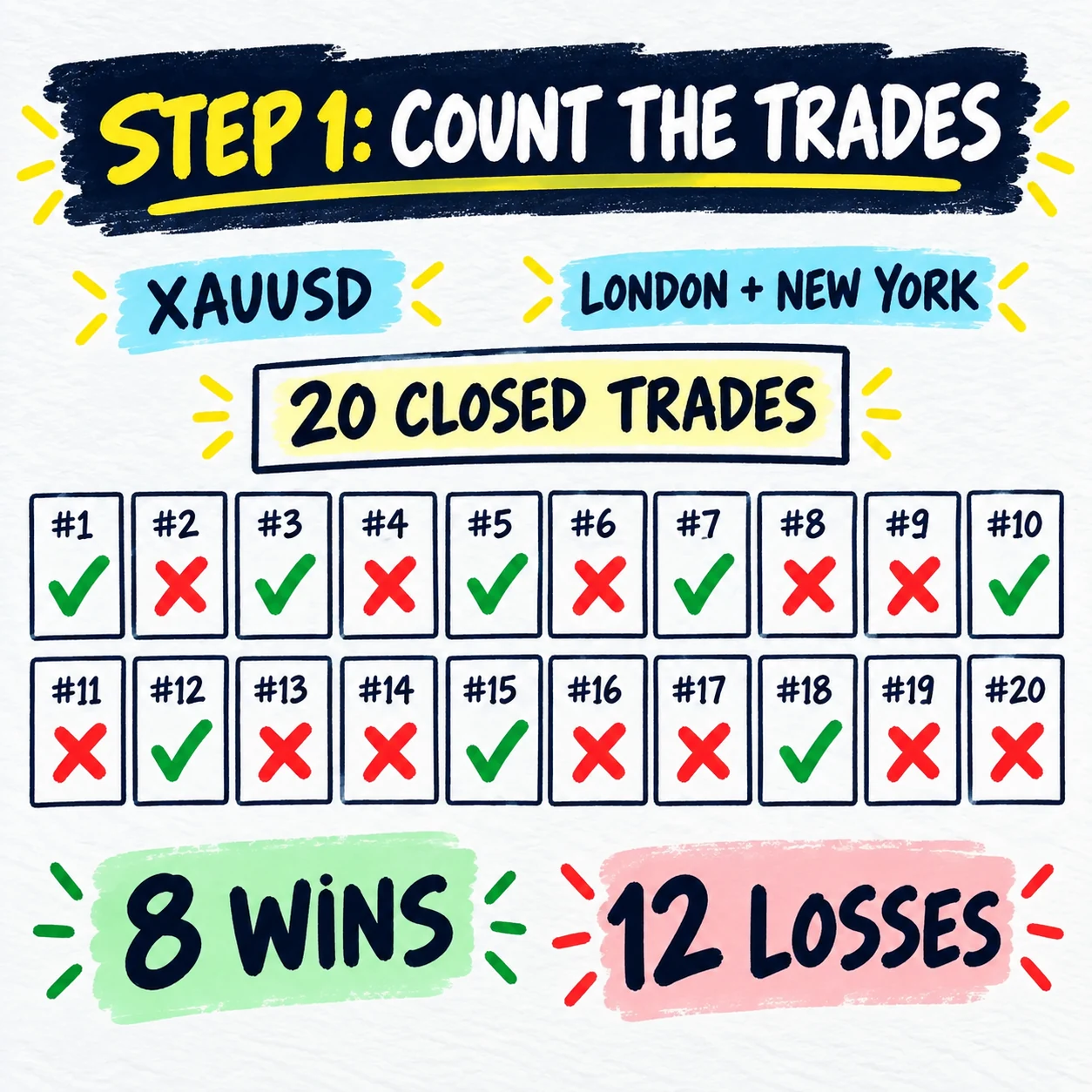 Handwritten step one showing a fictional sample of 20 closed XAUUSD trades split into 8 wins and 12 losses across London and New York sessions