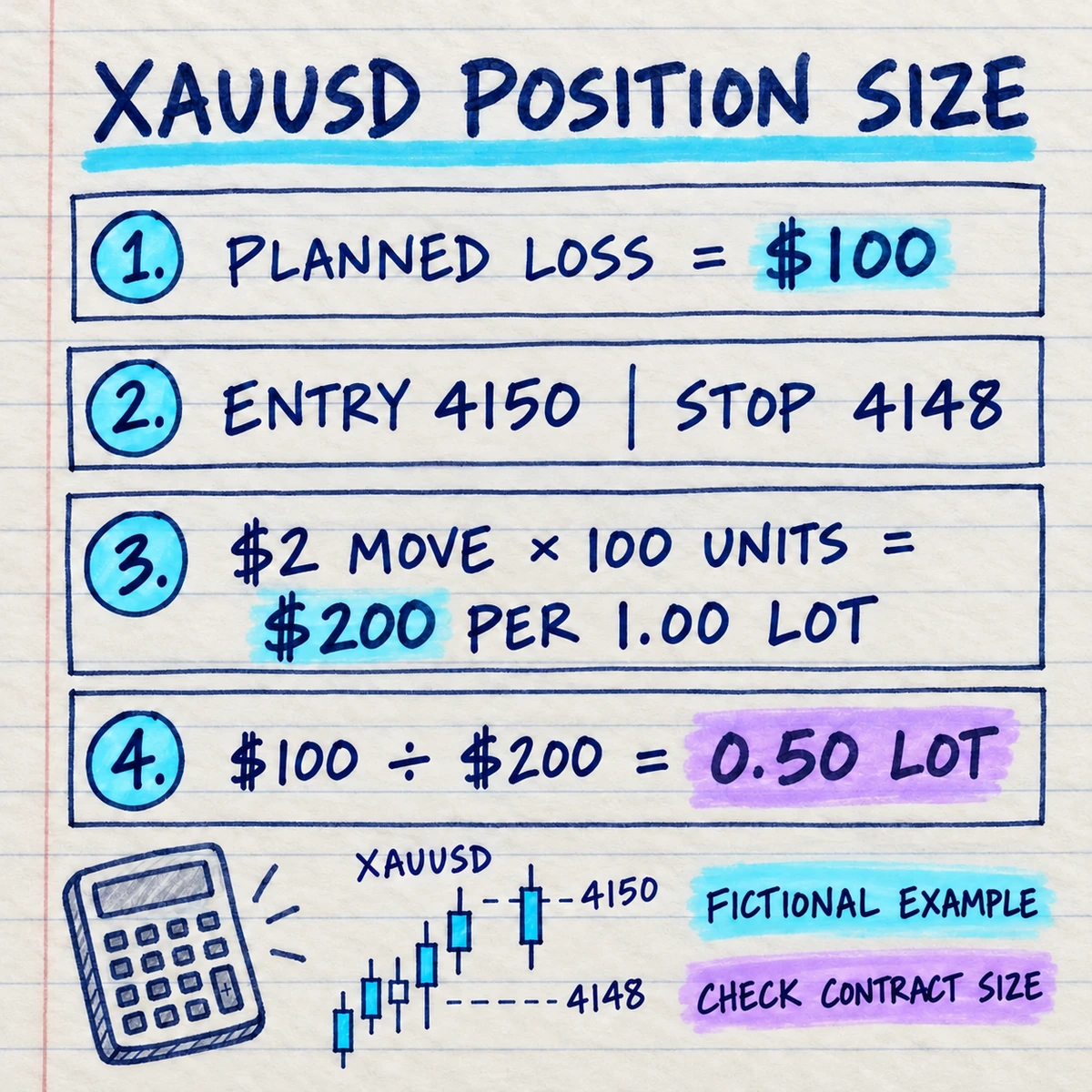 Handwritten four-step fictional XAUUSD position-size example using a 100 dollar planned loss, entry 4150, stop 4148, 100 units per lot and a final result of 0.50 lot