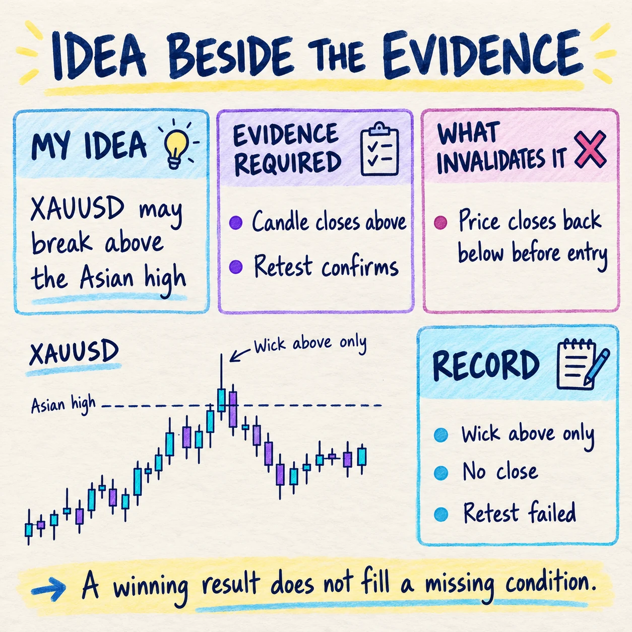Handwritten XAUUSD learning note placing an Asian-high breakout idea beside required candle-close and retest evidence, invalidation and the actual record