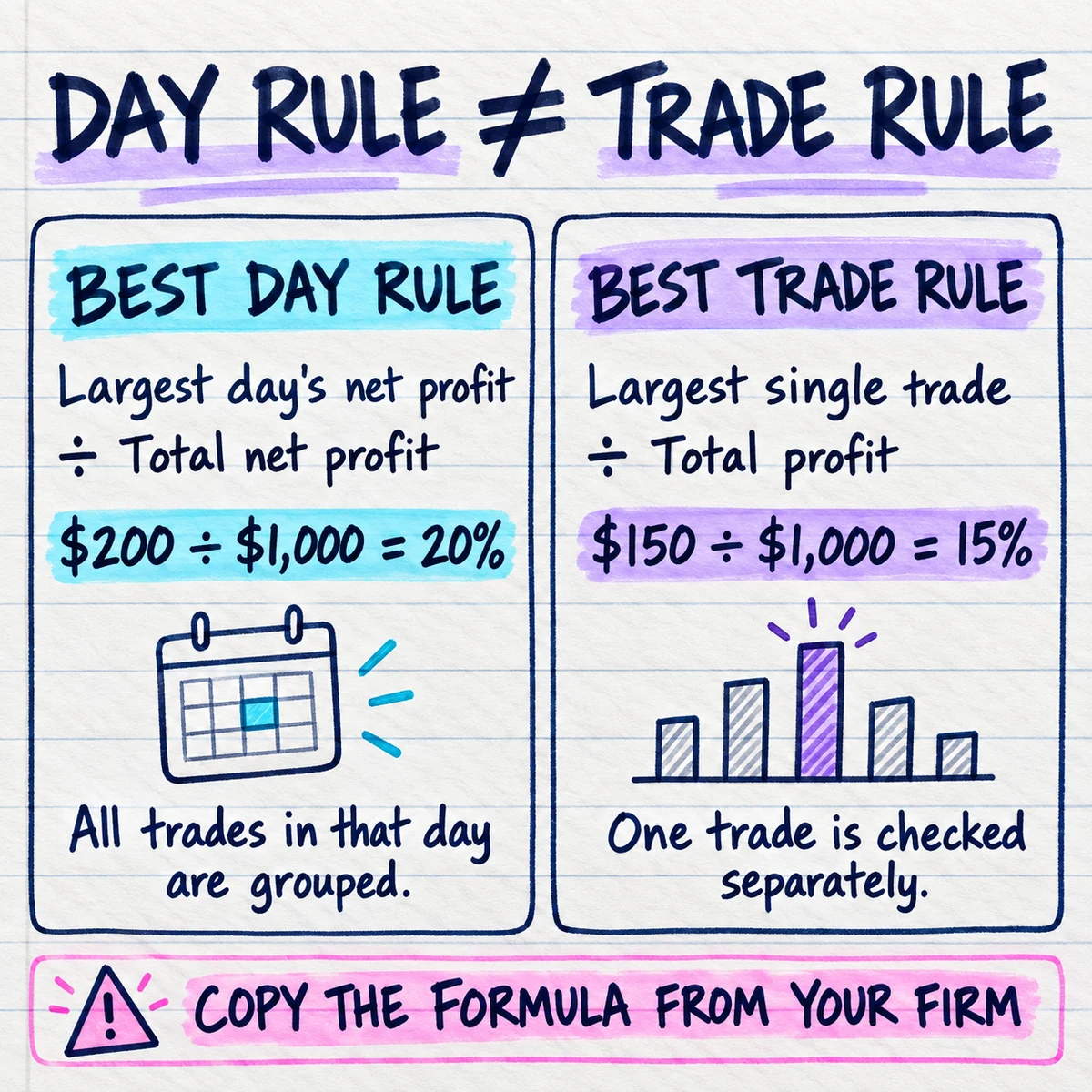 Handwritten note comparing a 20 percent best-day rule with a 15 percent best-trade rule