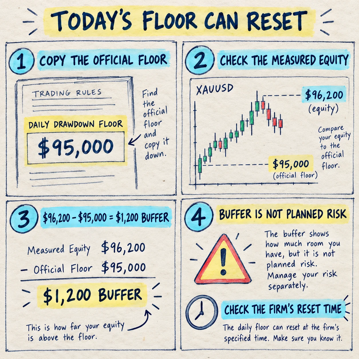 Handwritten four-step daily drawdown note showing an official 95000 dollar floor, 96200 dollar measured equity and a 1200 dollar buffer that is not planned risk