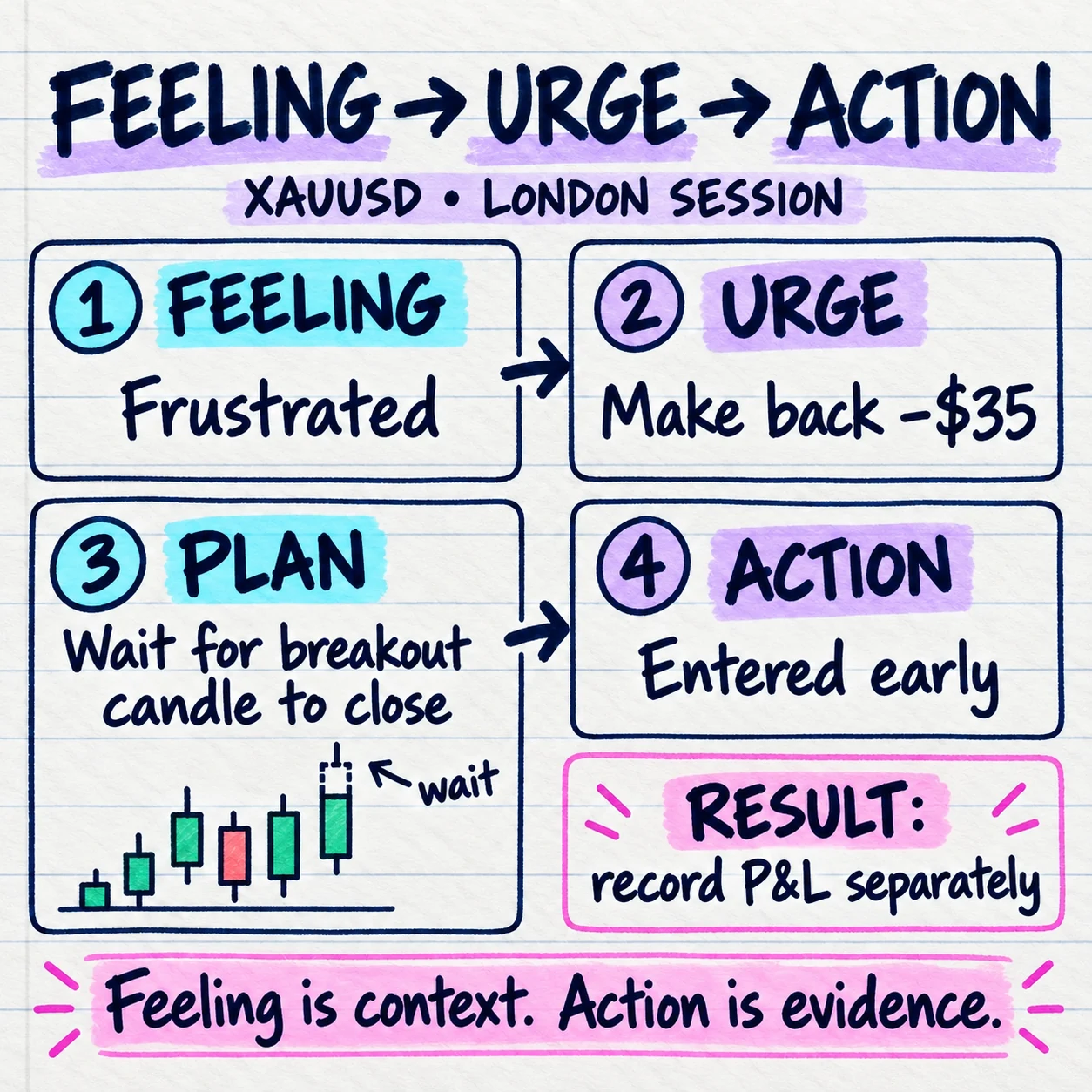 Handwritten XAUUSD London-session note separating a frustrated feeling, the urge to recover 35 dollars, a plan to wait for the breakout candle to close, an early entry and the separate result