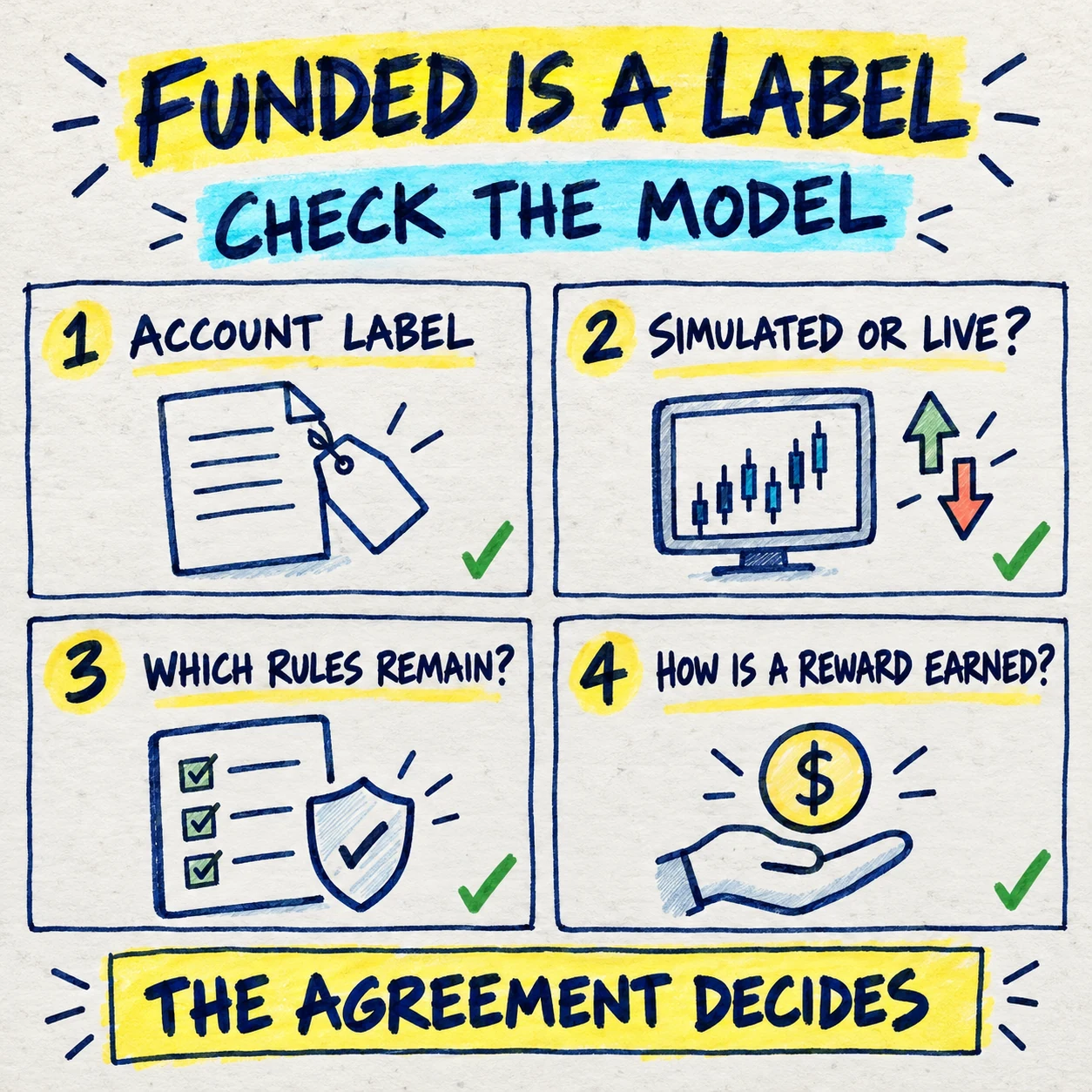 Handwritten four-step funded-account check covering the account label, simulated or live model, remaining rules and how a reward is earned
