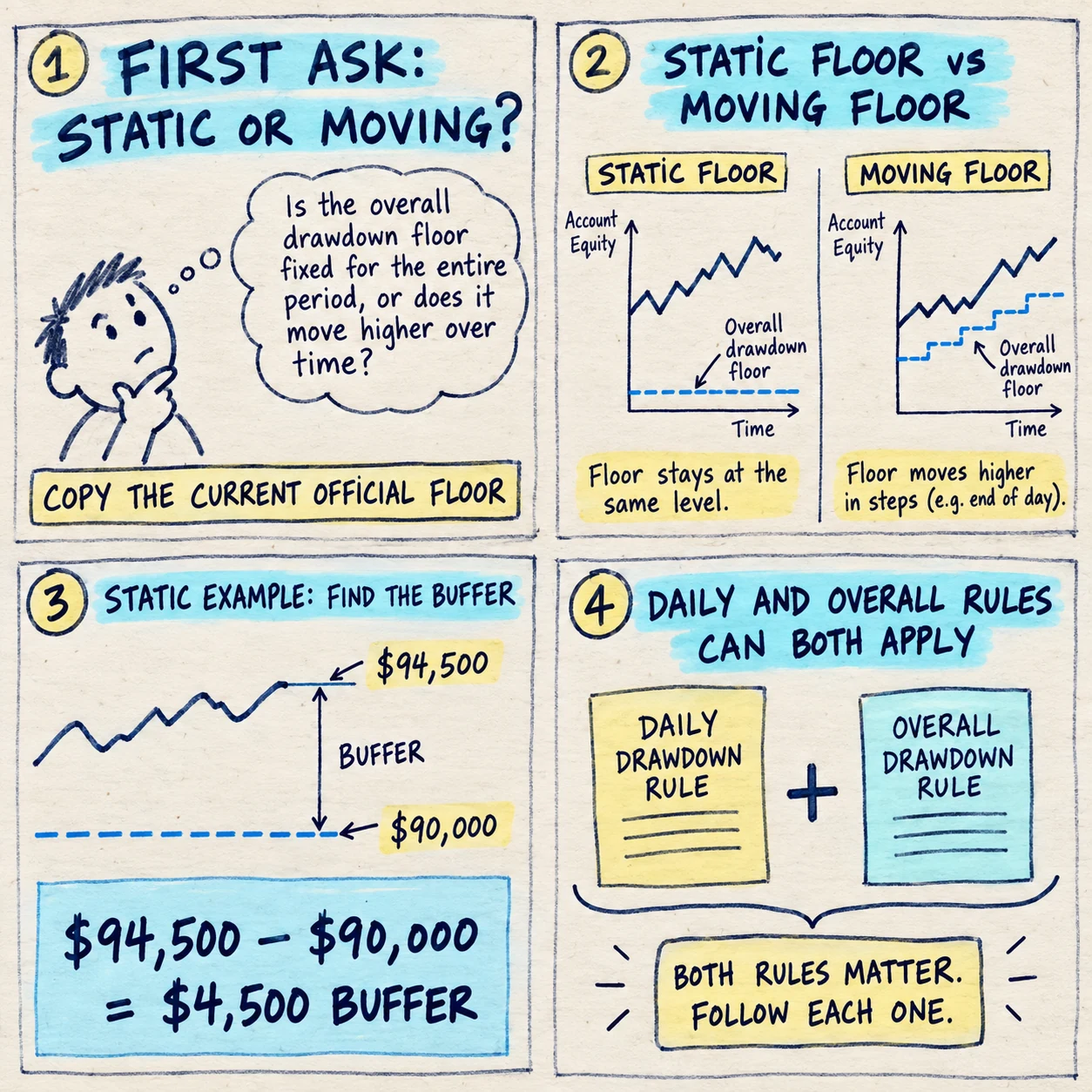 Handwritten four-step overall drawdown note comparing a static floor with a moving floor and showing a 4500 dollar buffer above a 90000 dollar floor