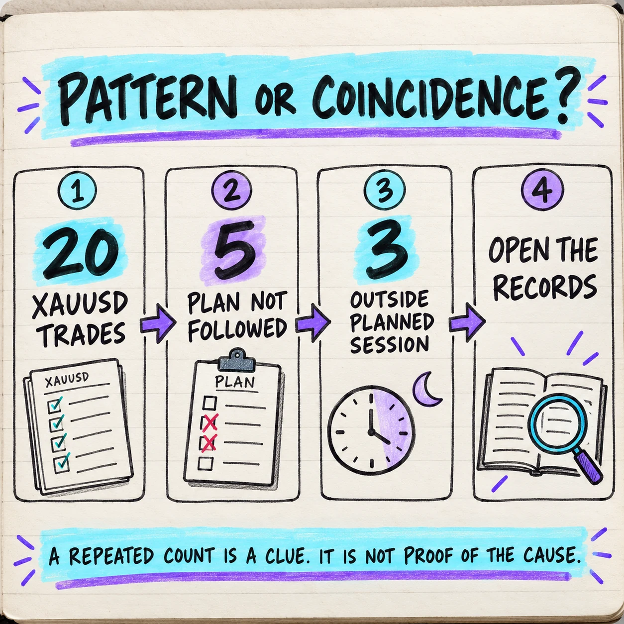 Handwritten four-step journal-data check showing 20 XAUUSD trades, 5 plan-not-followed records, 3 outside the planned session, and the instruction to open the original records