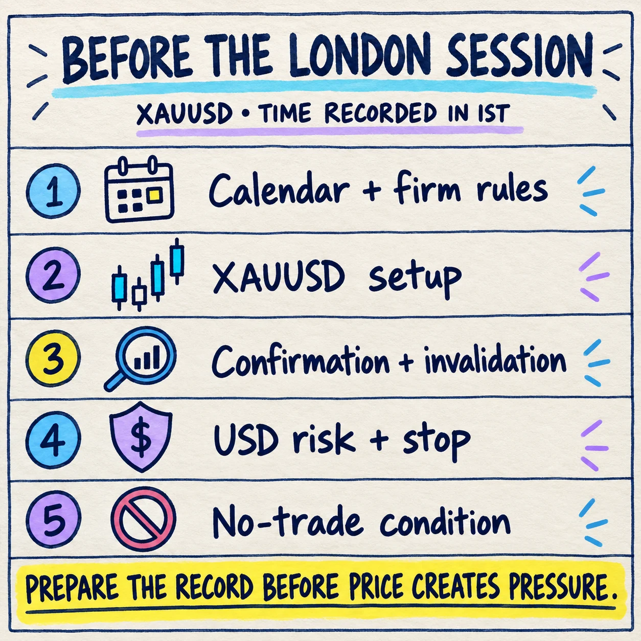 Handwritten pre-London-session XAUUSD checklist covering the calendar and firm rules, setup, confirmation and invalidation, USD risk and stop, and no-trade condition