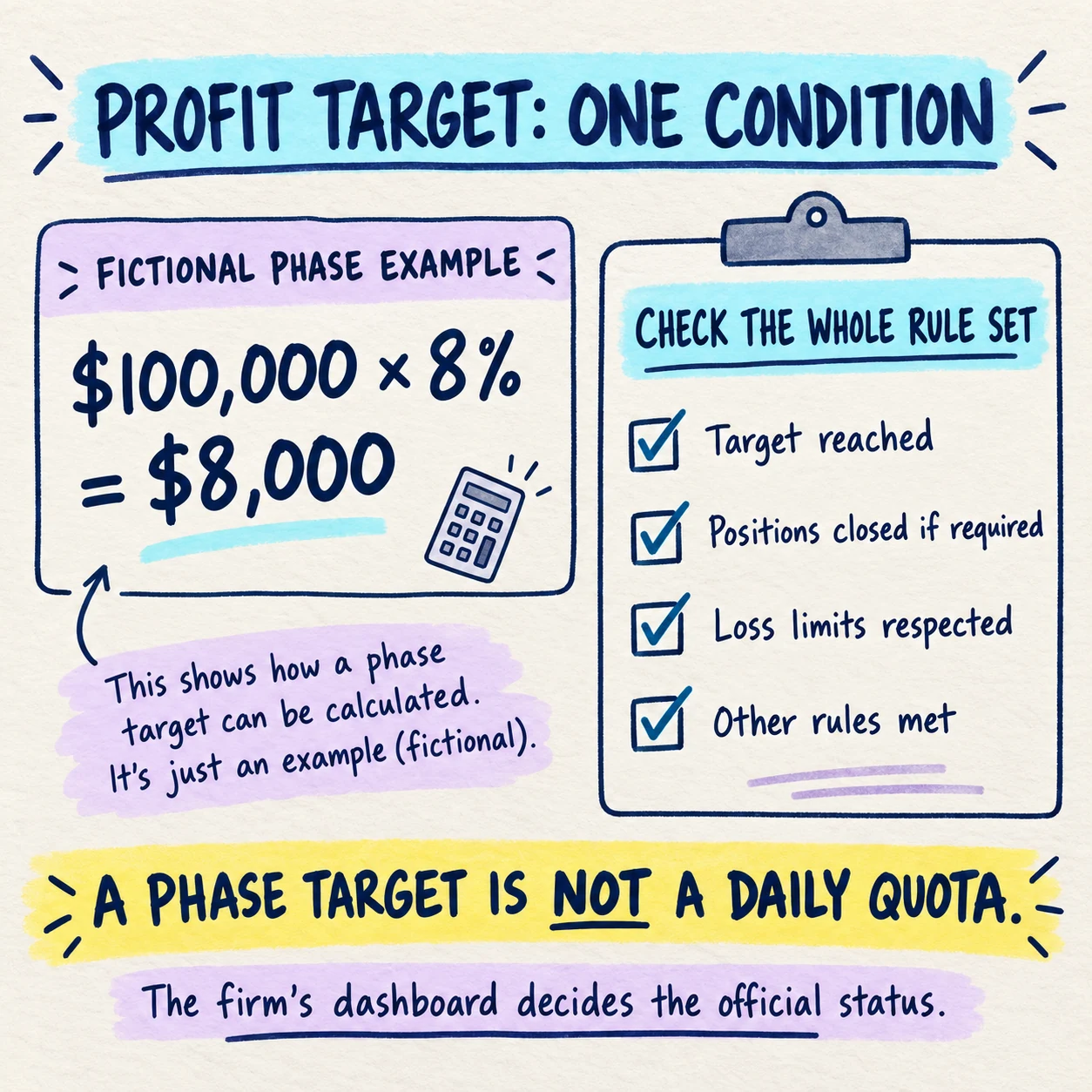 Handwritten fictional 100000 dollar account example showing an 8 percent profit target and a checklist of other phase conditions