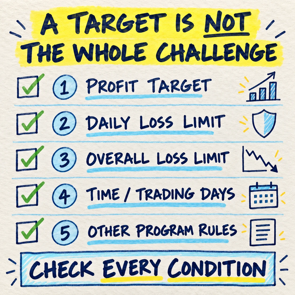Handwritten five-step prop firm challenge rule sheet covering profit target, daily loss, overall loss, time or trading days and other program rules