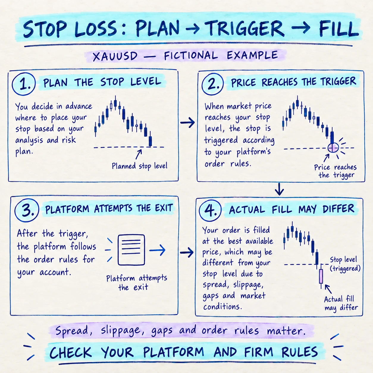 Handwritten four-step stop-loss note showing a planned XAUUSD stop level, the trigger, the platform attempting the exit, and an actual fill that may differ