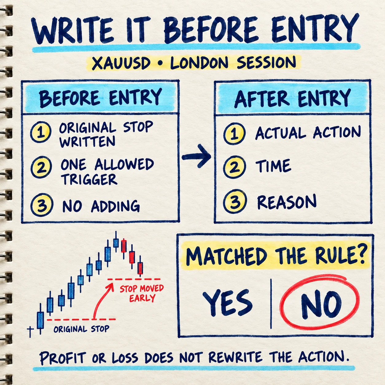 Handwritten XAUUSD trade-management note comparing the original stop, one allowed trigger and no-adding rule with the actual action, time and reason after entry