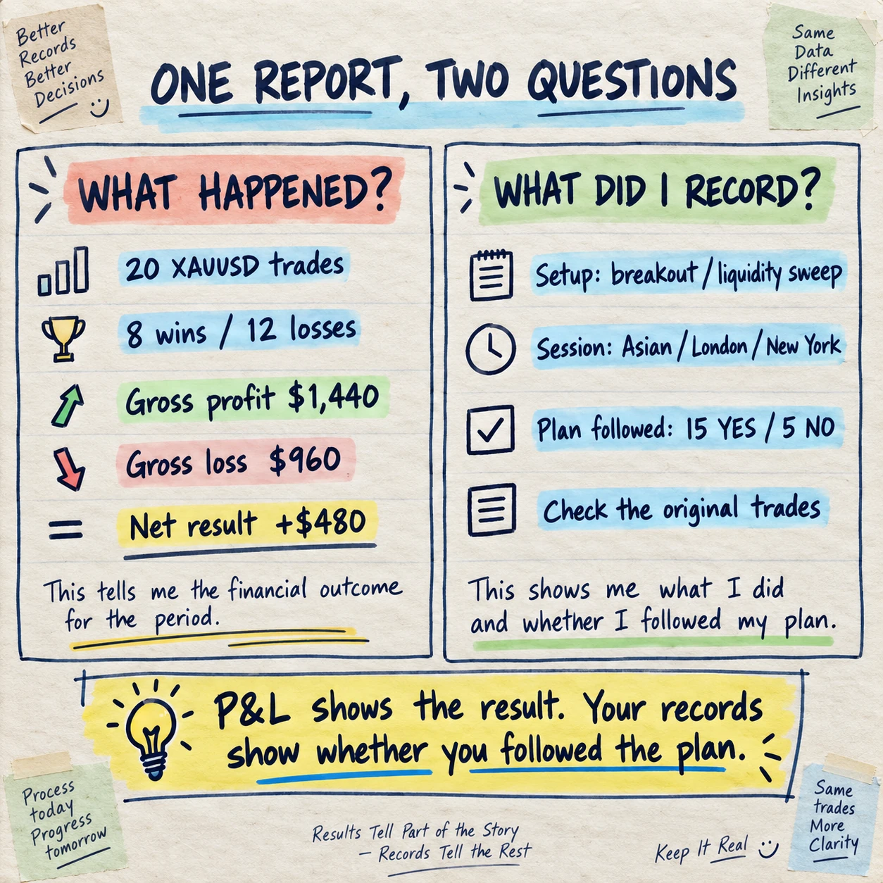 Handwritten report card separating a fictional 20-trade XAUUSD financial result from recorded setup, session and plan-followed fields