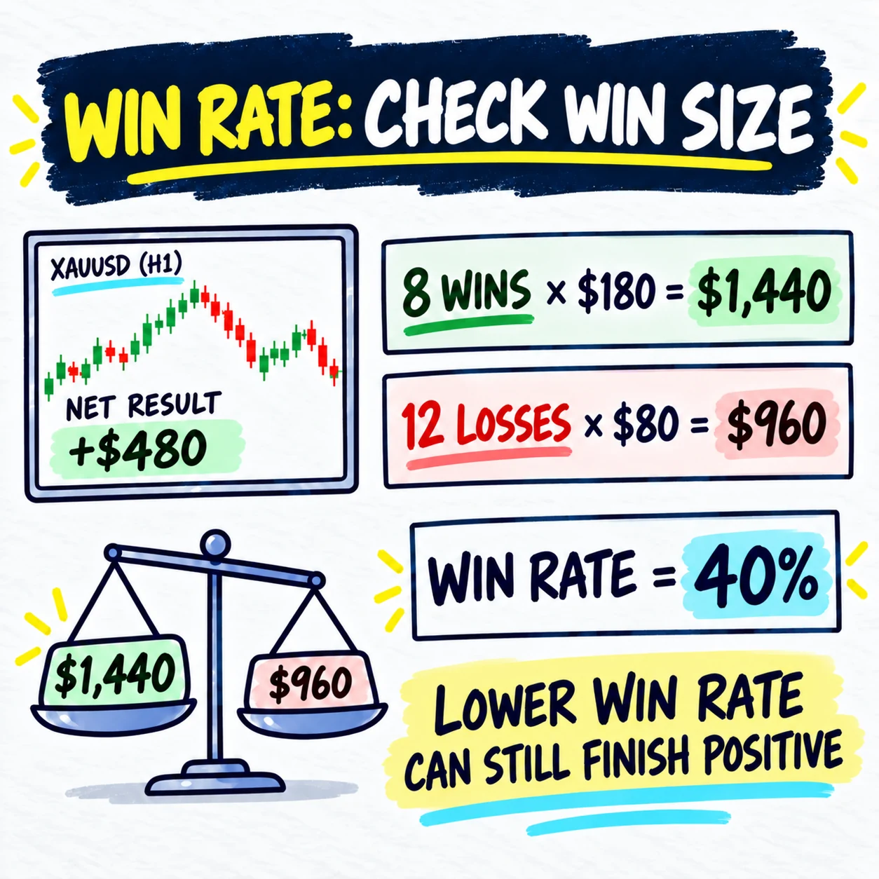 Handwritten fictional XAUUSD sample showing 8 wins averaging 180 dollars, 12 losses averaging 80 dollars, a 40 percent win rate, and a positive 480 dollar result